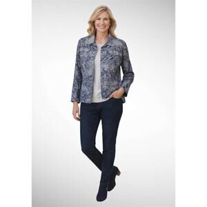 Chicos Womens 2 (12-14) Gray/Navy Floral Linen Blend Blazer Jacket